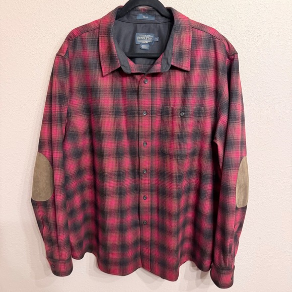 Pendleton Other - Pendleton Trail Shirt Mens XXL Red Black Plaid Wool Elbow Patches Button Down